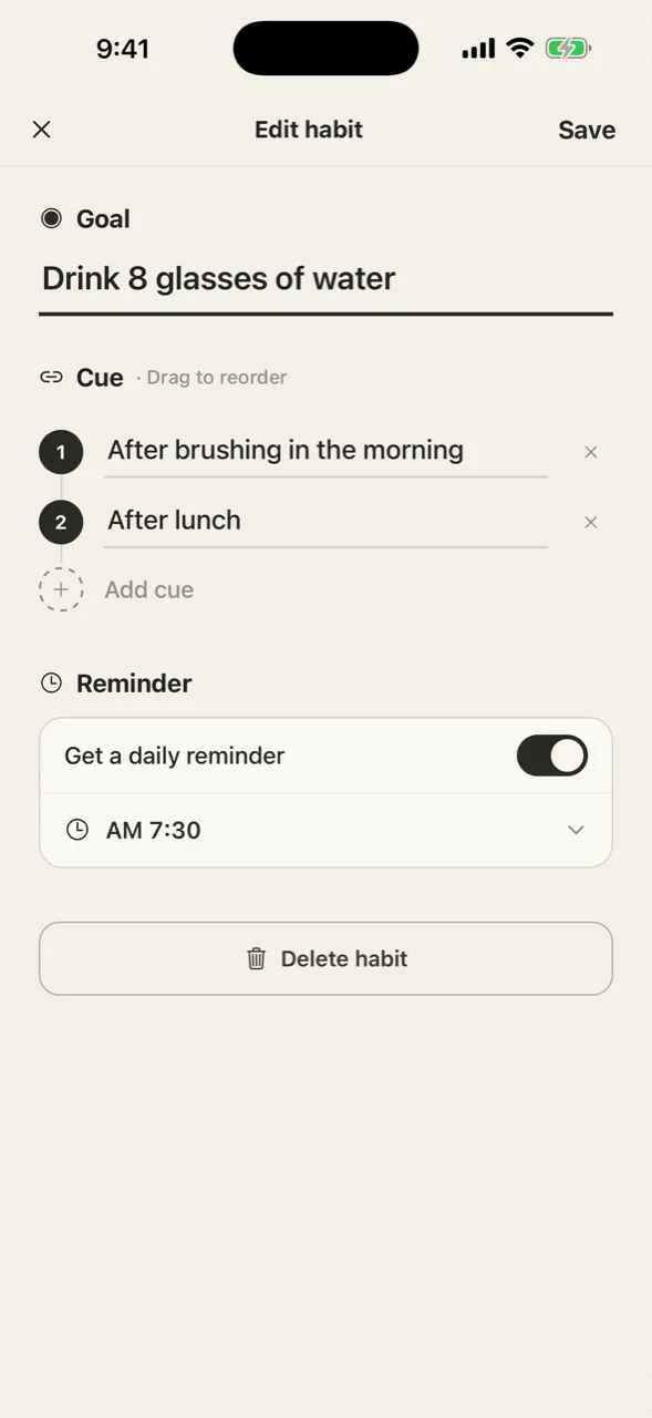 New habit — Goal → cues → reminder (optional). Three steps, one question at a time.