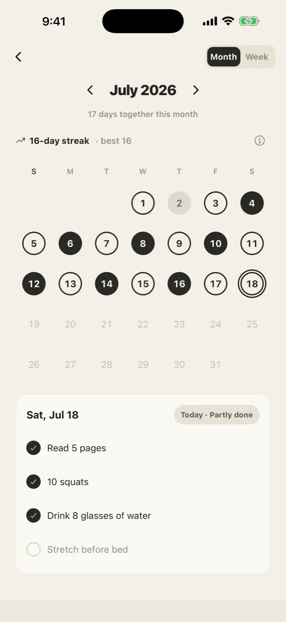 Calendar — Look back by month or week. Full, partial and rest days shown by shade.