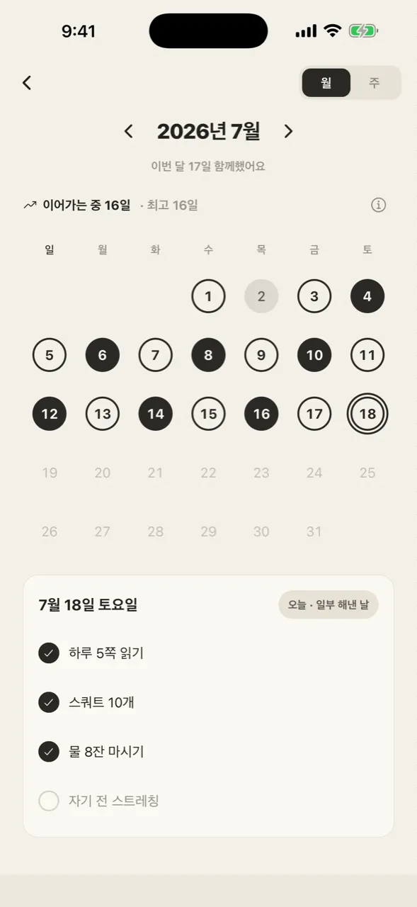 캘린더 — 월·주 단위로 흐름을 돌아봅니다. 모두 해낸 날, 일부 해낸 날, 쉬어간 날을 농도로 구분합니다.